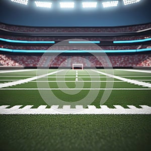 American football arena with yellow goal post, grass field and blurry fans on the court. Concept of active sport, football,