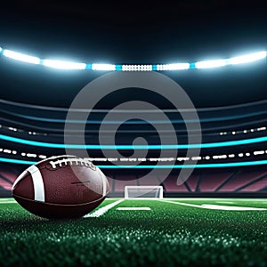 American football arena with yellow goal post, grass field and blurry fans on the court. Concept of active sport, football,