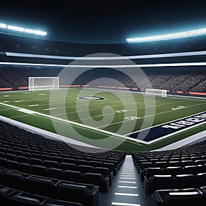 American football arena with yellow goal post, grass field and blurry fans on the court. Concept of active sport, football,