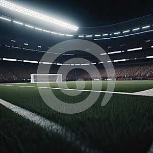 American football arena with yellow goal post, grass field and blurry fans on the court. Concept of active sport, football,