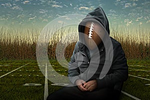 American Football as the head on Man wearing a Hoodie