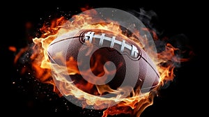 American football ball on fire on black background. Generative AI