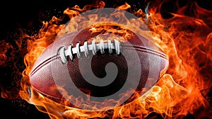 American football ball on fire, close-up, isolated on black. Generative AI