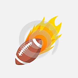 American Football ball in fire flame. Rugby fireball cartoon icon. Fast ball logo in motion isolated