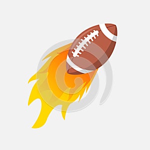 American Football ball in fire flame. Rugby fireball cartoon icon. Fast ball logo in motion isolated