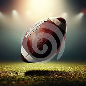 An American football ball floats above the grass in a floodlit field.Generative AI