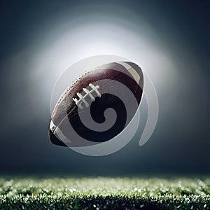 An american football ball floats above the grass inside the stadium.generative AI