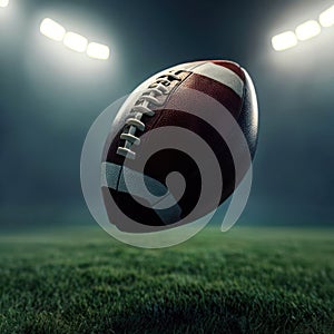 An american football ball floats above the grass inside the stadium.generative AI