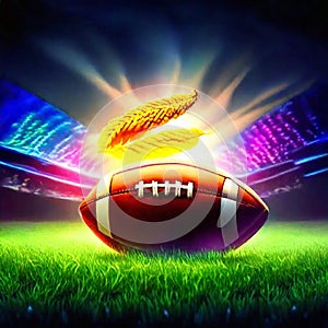 american football ball on green field with lights effect 3d rendering generative AI