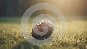 American football ball on green grass field background. Generative Ai