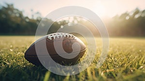 American football ball on green grass field background. Generative Ai