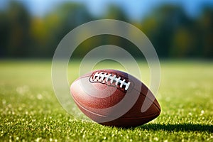 American football ball on green grass field. Closeup view. American Football shot with shallow depth of field with room for copy,