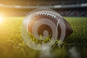 American football ball on green grass field sunset light background. Generative AI