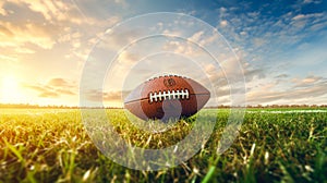 American football ball on green grass field with sunset sky background. Copy space.