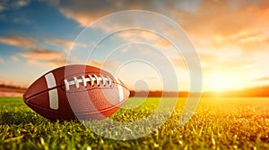 American football ball on green grass field with sunset sky background. Copy space.