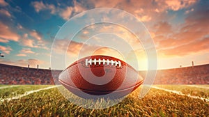 American football ball on green grass field with sunset sky background. Copy space.