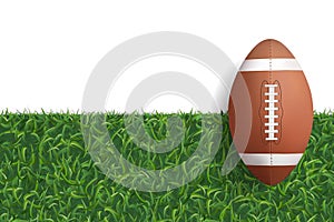 American football ball on green grass texture background. Vector.