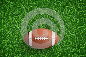 American football ball on green grass texture background. Vector.