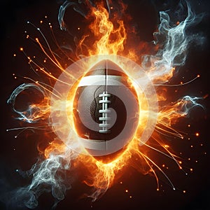 American Football ball moving through space with fire energy flowing out, sports power concept