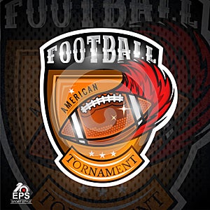 American football ball with red fire trail in center of shield. Sport logo