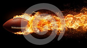 American football ball sets ablaze as it swiftly moves through the air, leaving fiery trail photo
