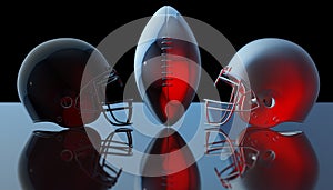 American football black and gray helmets and silver trophy ball on black dark background, 3d rendering