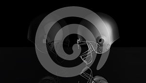 American football black and silver helmets on black dark background, 3d rendering