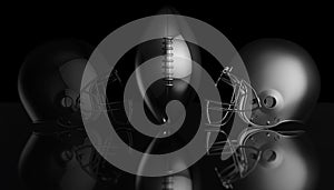 American football black and silver helmets on black dark background, 3d rendering