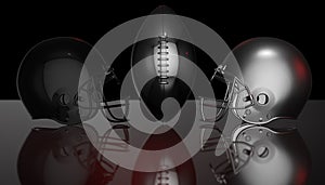 American football black and silver helmets on black dark background, 3d rendering