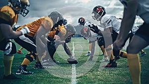 American Football Championship. Teams Ready: Professional Players, Aggressive Face-off, Ready for