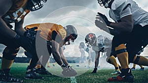 American Football Championship. Teams Ready: Professional Players, Aggressive Face-off, Ready for