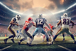 American Football Championship. Teams Ready: Professional Players, Aggressive Face-off, Ready for Pushing, Tackling