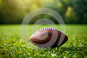 American football closeup, vibrant green field, ideal for customized text