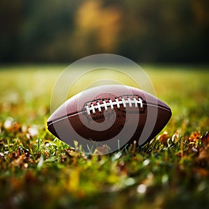 American football closeup, vibrant green field, ideal for customized text