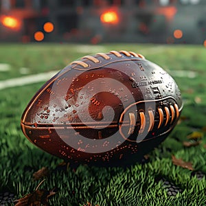 American football, crafted from leather, lays on vibrant turf