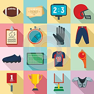 American football equipment icons set, flat style