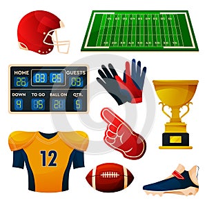 American football equipment set, flat vector icons