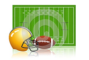 American football field with ball and helmet