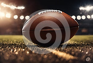 an american football on the field with floodlights in the background