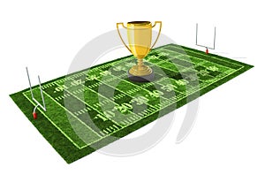 American football field with the golden trophy