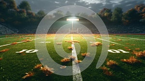 American football field with green grass and goal post. 3d rendering