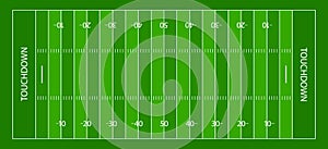 American football field. Green grass with white lines for american football. Background with gridiron, sideline, endzone and photo