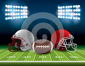 American Football Field with Helmets and Ball Illustration photo