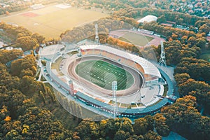 American football field, large stadium. Aerial view