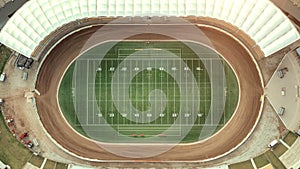 American football field, large stadium. Aerial view