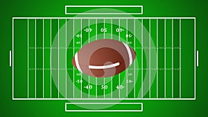 american football field with line, realistic ball Spinning Over green field and grass texture, top view, 4k video