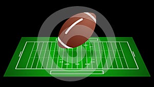 american football field with line, realistic ball Spinning Over green field and grass texture, top view, 4k video