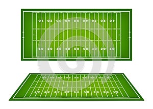 American football field with marking. Football field with markup in top view and 3d perspective view photo