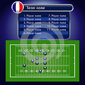 American Football field and Player Lineup with set of rugby infographic elements.