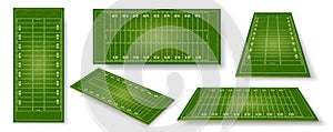 American football field. Realistic ball sport pitch sheme with zone markings. Stadium grass court perspective, side and